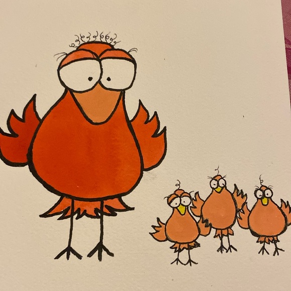 Unframed Original Art Drawing Watercolour Cute Cartoon Birds Fun & Unique - Picture 1 of 3
